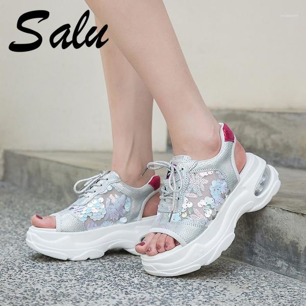 

salu 2021 genuine suede leather sandals women summer ladies high heel platform comfortable casual female shoes woman open toe1, Black