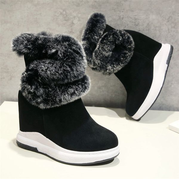 

boots winter sneakers women cow leather wedges high heel ankle female round toe platform pumps shoes warm fur snow, Black