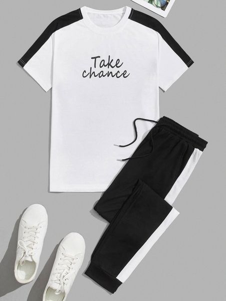 

men slogan graphic contrast panel tee & drawstring waist sweatpants m8nh#, Gray
