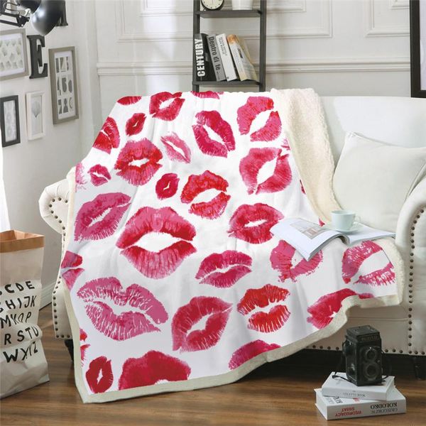

lipstick bed blankets,thick double-layer plush 3d printed blanket throws for bed sofa,red lips travelling camping throw