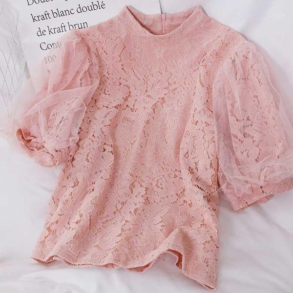 

lace mesh sweet solid women and blouses short stand collar pink chic 2020 shirts short sleeve shirts retro1, White