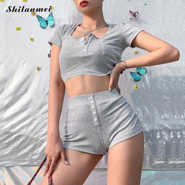 

2020 trendy solid sport wear bm style casual 2 piece outfits set women tracksuit button short sleeve crop + shorts suits1, White