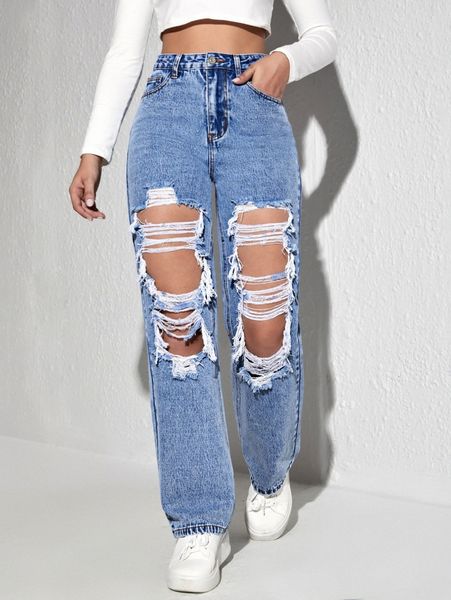 

high waist ripped straight leg jeans g0lv#, Blue