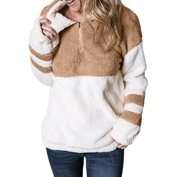 

2021 winter autumn warm clothes women patchwork hoodies sweatshirts loose zipper long sleeve pocket stitching plush jacket coat, Black