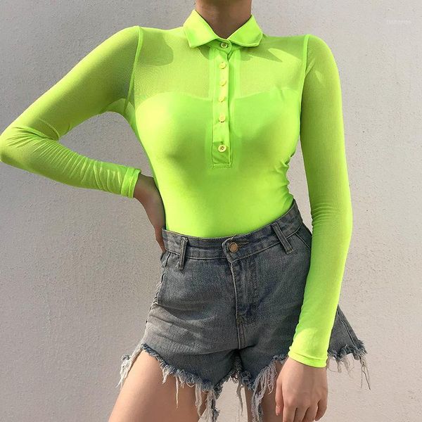 

bkld women lapel jumpsuit long sleeve fluorescence green temperament patchwork with button slim perspective jumpsuit new1, Black;white