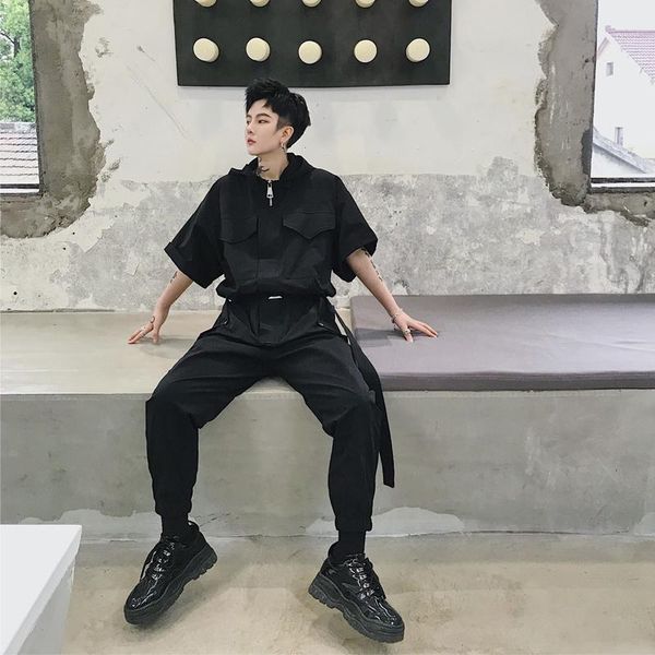 

men short sleeve streetwear hip hop hooded jumpsuits trousers male women fashion casual cargo pant harem overalls pants1, Black