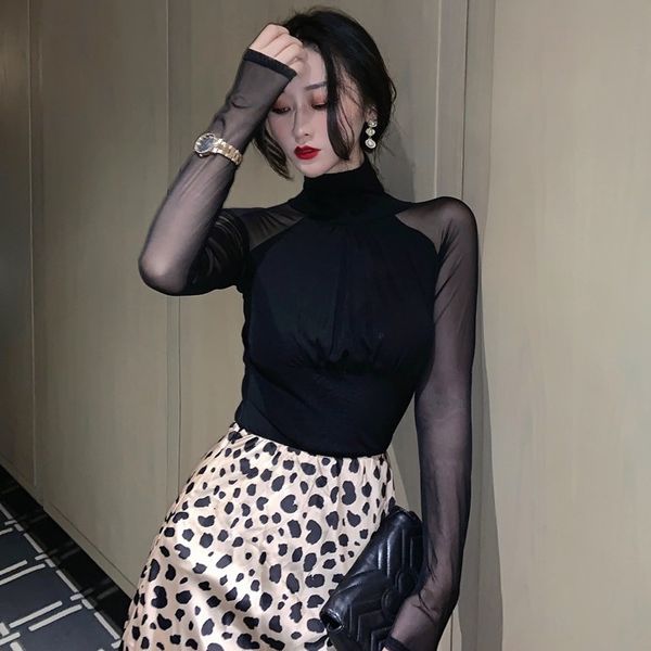 

2020 autumn new style slim fit mesh lace thin ins high neck long sleeve base t-shirt for women