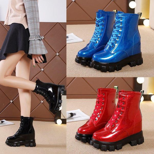 

round toe pu warm ankle boots for women botas rubber thick heels women martin boots lace-up short shoes autumn 2020, Black