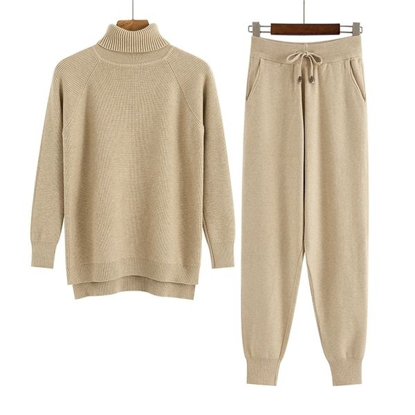 

gigogou 2 pieces set women knitted tracksuit turtleneck sweater + carrot jogging pants pullover chic outwear 211221, White