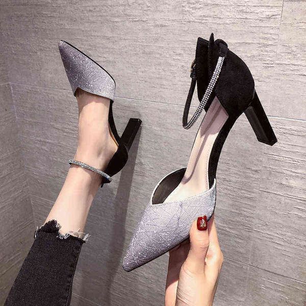 

dress shoes pumps womens 2022 new heels stiletto high heel rhinestones for leisure buckle 220113, Black