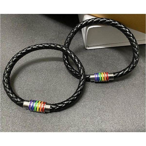 

bracelet lgbt rainbow bracelet couple black leather bracelet men bangle with rainbow striped magnet qyltue