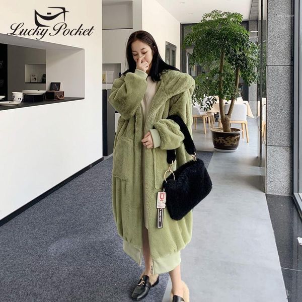 

women winter new solid color plus size hooded fur coat ladies fashion green thick big pocket plush coat warm parkas jackes zy181, Black
