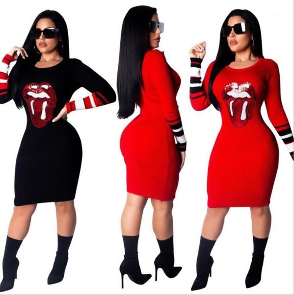 

sequined patchwork lip printed sheath knee-length dress 2019 spring casual woman o neck long sleeve bodycon vestidos cm3051, Red