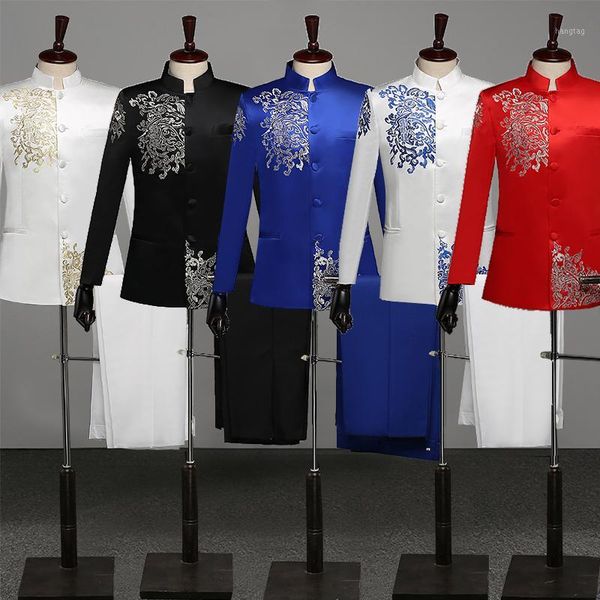 

formal jackets for men chinese tunic suit blazer stand collar men's suits choral dress stage singer chorus host costumes dt14661, White;black
