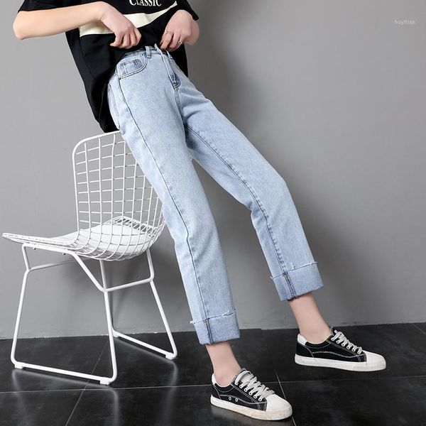 

2020 new high waist korean version of the loose straight cuff retro jeans woman cotton softener womens clothing jeans student1, Blue