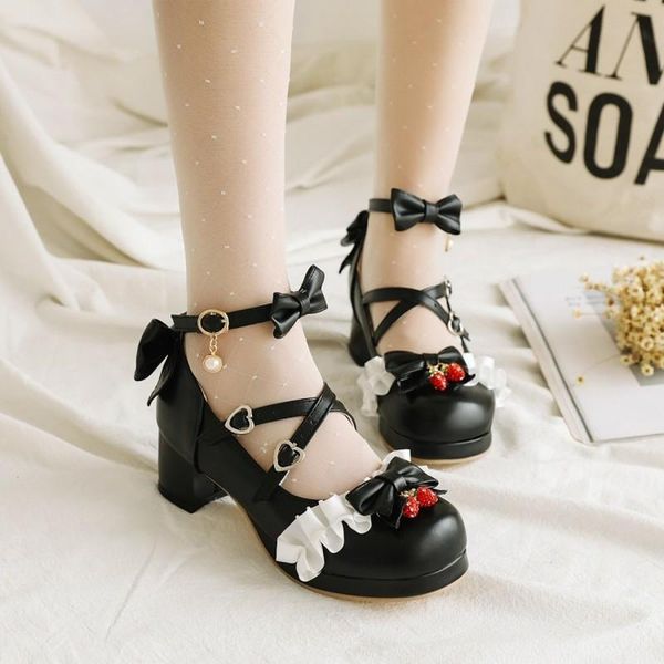 

womens lolita strawberry rhinestones chunky heel round toe bowknot mary janes kawaii cosplay shoes plus size cross-strap, Black
