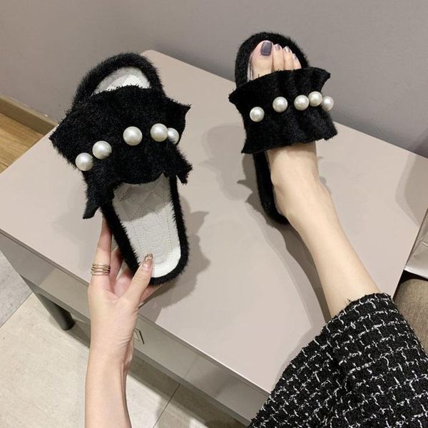 

slippers ruffles pearl flock women sewing lattices open toe slides colors block furry pantufas de mujer pleated platform shoes, Black
