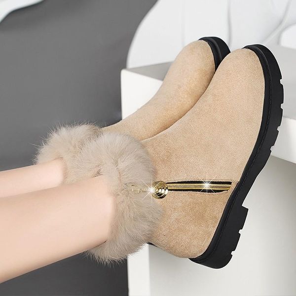 

2020 new autumn and winter plus velvet short tube mid-heel hairy mouth flat frosted velvet snow boots zapatos de mujer, Black