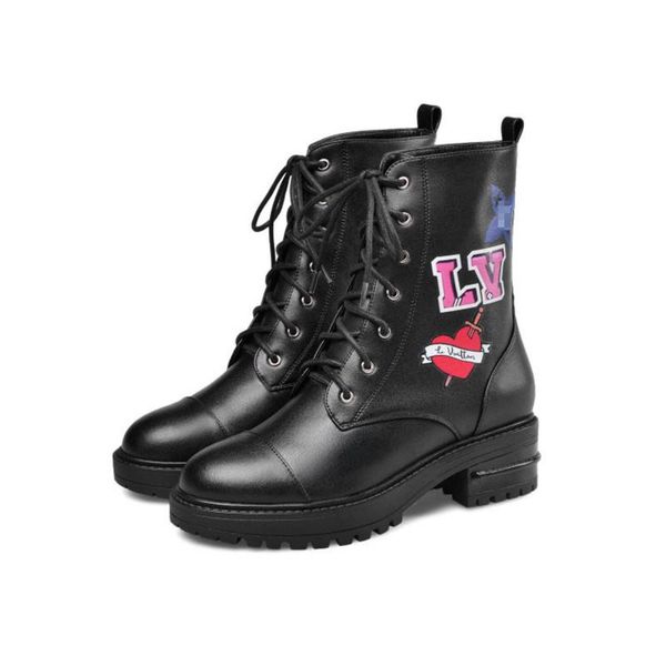 

new women's boots full leather fashion print boots low heel round, Black