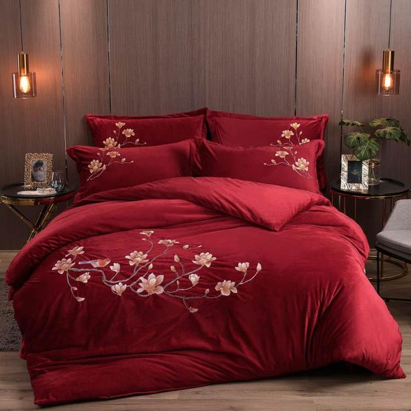 

bedding sets luxury flowers bird embroidery red green gray blue winter sheet fabric fleece pillowcases flannel cover duvet bed set