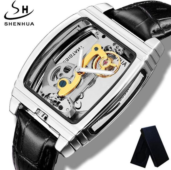 

unique brand shenhua transparent troubillon dial genuine leather watch men automatic mechanical clock relogio masculino with box1, Slivery;brown