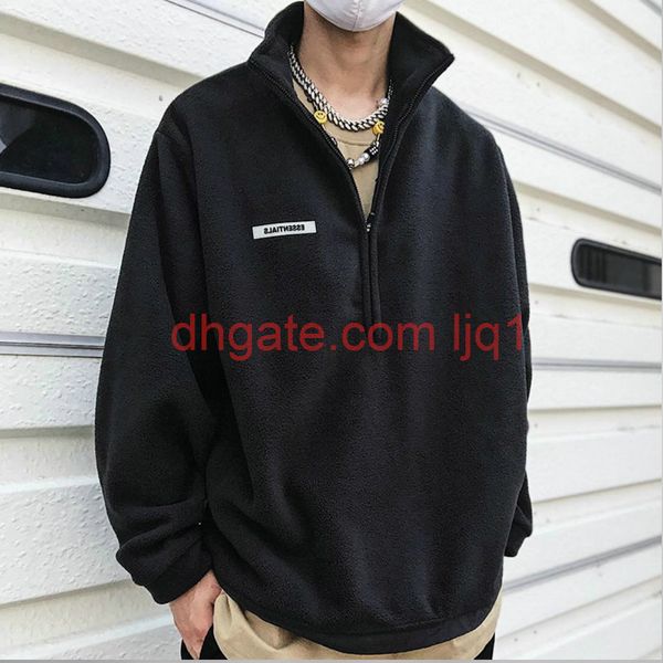 

grey fleece sweater zipped stand collar pullover streetwear 4colors, Black