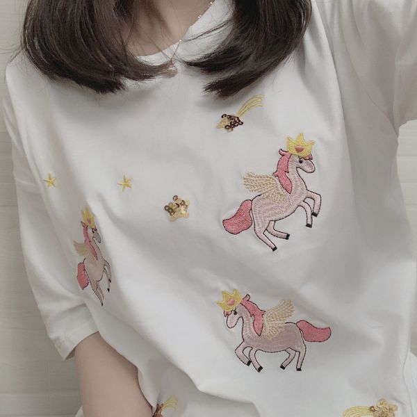 

eav6d large women's embroidered short lay t-shirt women's spring and summer 2020 new fat mm loose and t-shirt with bottom coat thi, White