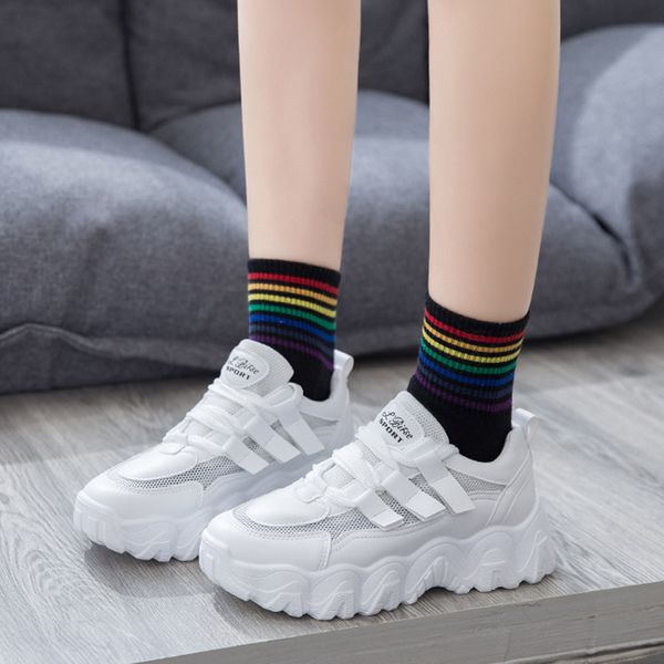 

2021 the new autumn mesh breathable chunky women thick soles lace up pink woman white platform vulcanize shoes zfbv, Black