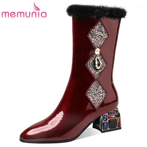 

boots memunia patent leather ankle women crystal square heel round toe winter fashion casual party shoes ladies1, Black