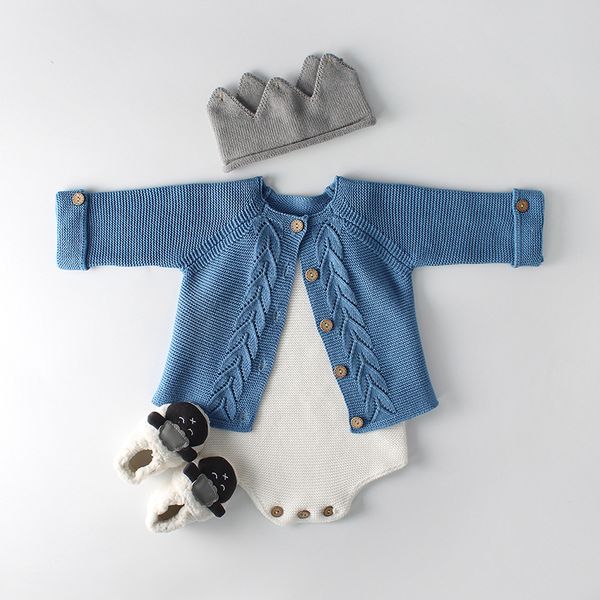 

ins baby girls leaves knitting sweater cardigan jacket outwears and knit rompers children blue pink color clothes 1.7kg#78,1kg60, Blue;gray