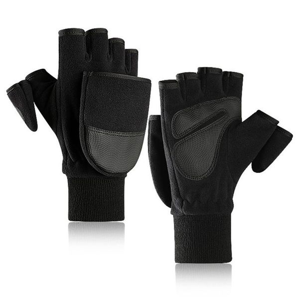 

winter men' outdoor thicken plus fleece warm polar fleece gloves flip half finger gloves father' gift, Blue;gray