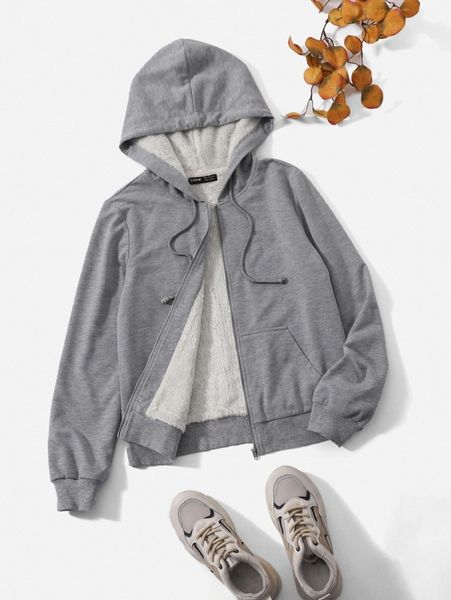 

zipper up drawstring hooded thermal sweatshirt d7u0#, White;black