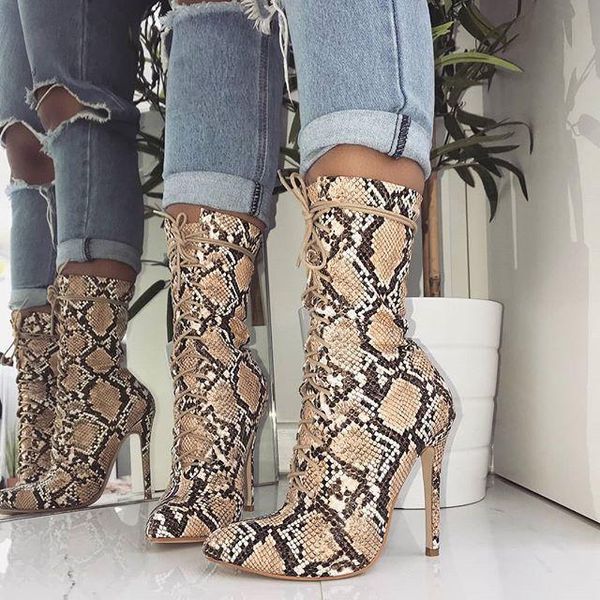 

autumn winter serpentin high heels boots women fashion lace up pointed toe ladies shoes plus size zapatos de mujer, Black