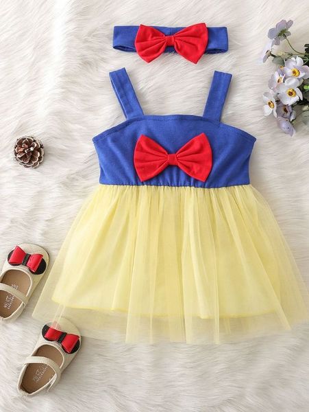 

baby bow front mesh hem cami dress with headband she, Red;yellow