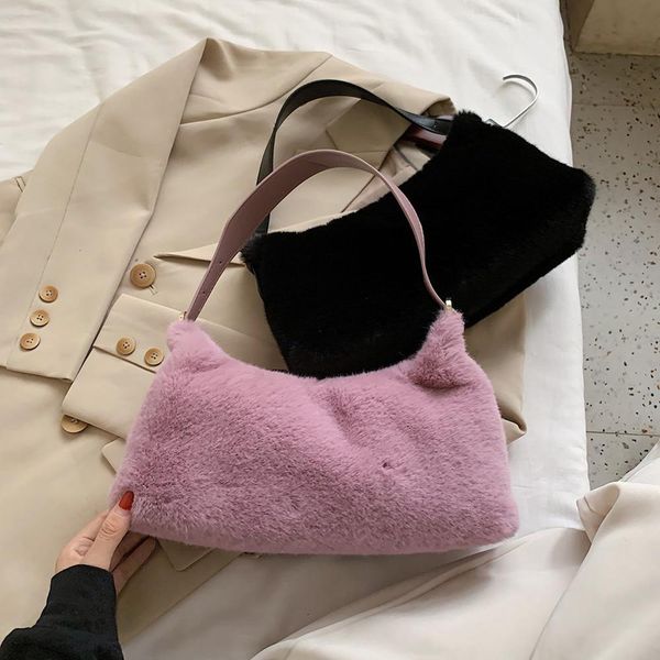 

women plush tote bag female solid color fashion small shoulder bags autumn winter underarm shopping handbag c1223