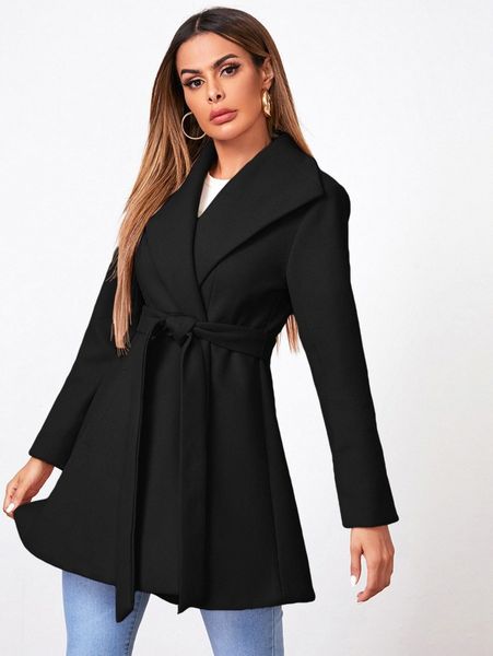 

waterfall neck self belt coat x4x9#, Black