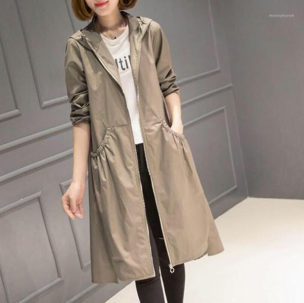 

women's trench coats 2021 spring autumn korean casual windbreaker ladies vintage loose large size thin long coat for women hooded p1402, Tan;black