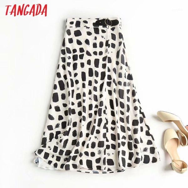 

tangada 2020 autumn women print elegant midi skirt side belt office ladies chic mid calf skirts 4c41, Black