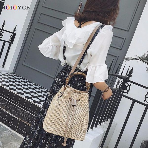 

women bucket shoulder crossbody bag straw summer beach drawstring handbags