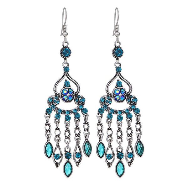 

fashion crystal blue ladies earrings bohemian ethnic silver color flower dangle earrings for women vintage jhumka jewelry