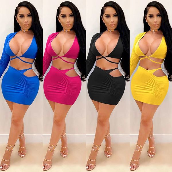 

zkyzwx club birthday dress cross bandage full sleeve high grade two piece chorus women's dress rave festival dress and mini skirt set, Blue;black