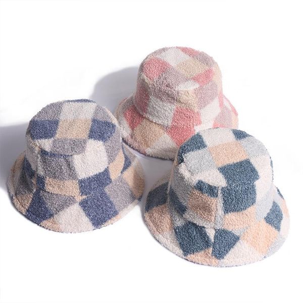 

wide brim hats appa bucket hat hip hop lamb wool gorros fishing cap fur plaid panama winter warm arrow symbol print, Blue;gray