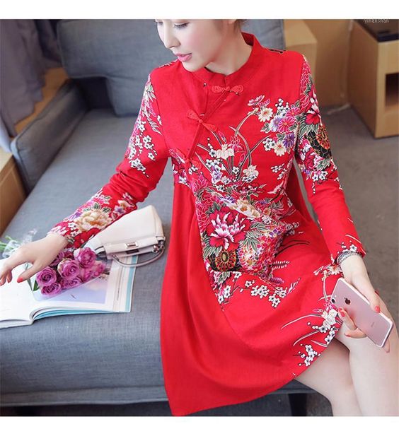 

2017 autumn cotton linen qipao dress traditional chinese folk style improved plate buckle printing a-line cheongsams dresses1, Red