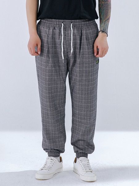 

extended sizes men plaid patched detail drawstring waist joggers 58tu#, Black