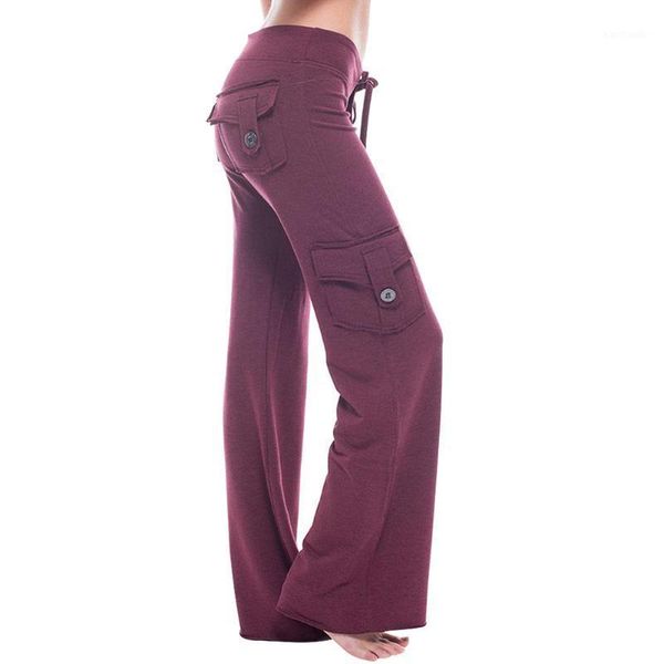 

yoga outfits women party button soft long training elastic sports pants solid summer casual with pockets slim fit drawstring1, White;red