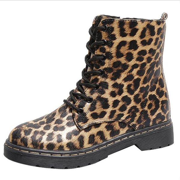 

flat boots autumn and winter fur fashion round head lace-up leather boots european and american leopard print women's shoes, Black
