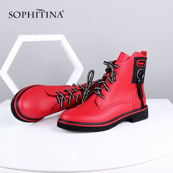 

sophitina ankle boots red black cow leather comfortable casual shoes woman zipper round toe flat boots lj201030