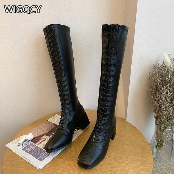 

2020 autumn winter new women's black boots with front lace zipper women's thick heel high tube non-slip martin boots d1690