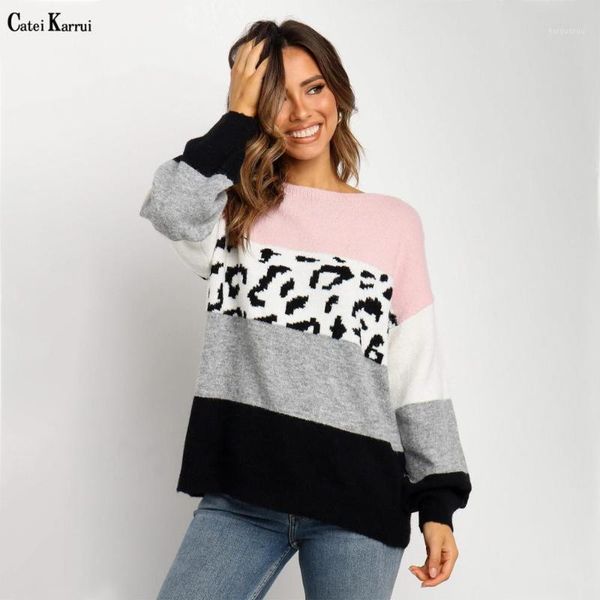 

catei karrui 2020 new women's clothing autumn and winter outerwear long sleeve leopard stitching loose sweater for women1, White;black