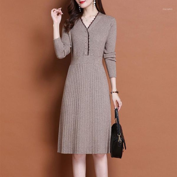 

knitted long sleeve dress women 2020 slim bodycon autumn korean elegant fall winter button v neck sweater midi pleated dress 1301, Black;gray